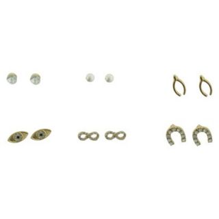 Wishbone Horseshoe and Eye Stud Earring Set of 6   Gold/Crystal/Black