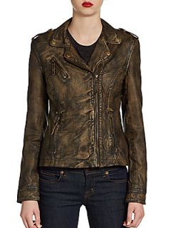 Distressed Leather Moto Jacket   Bronze