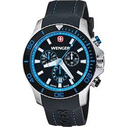 Wenger Mens Sea Force Chrono Watch   Black and Blue Dial/Black Silicone Strap