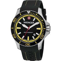Wenger Mens Sea Force Swiss Watch   Black and Yellow Dial/Black Silicone Bracel