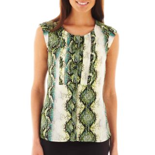 Worthington Cap Sleeve Pleated Button Front Top   Petite, Green/Black