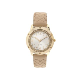 Womens Quilted Strap Stone Accent Watch, Natural