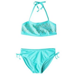 Girls 2 Piece Chevron Sequin Bandeau Bikini Swimsuit Set   Aqua XS