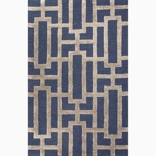 Hand made Geometric Pattern Blue/ Tan Wool/ Art Silk Rug (9.6x13.6)