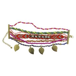 Womens Multicolor Strand Friendship Bracelet with Leaf Stampings, Seed Beads