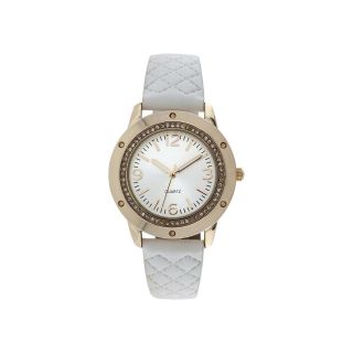 Womens Quilted Strap Stone Accent Watch, White