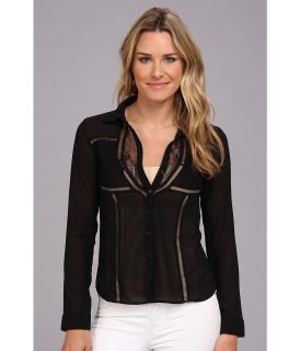 Clich Mode Button Front Blouse with Lace And Seam Womens Blouse (Black)