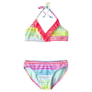 Girls 2 Piece Striped Halter Bikini Swimsuit Set   Rainbow S