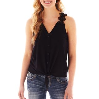Almost Famous Sleeveless Tie Front Crochet Back Top, Black