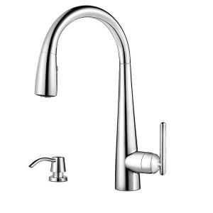 Pfister Lita Single Handle Pull Down Sprayer Kitchen Faucet with Soap Dispenser in Polished Chrome GT529 SMC