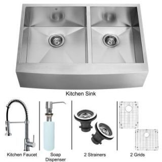 Vigo All in One Apron Front Stainless Steel 40x25.50x14 0 Hole Double Bowl Kitchen Sink and Chrome Faucet Set VG15192