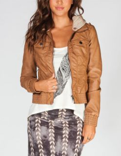 Sweater Hood Womens Faux Leather Jacket Camel In Sizes Medium, Large,