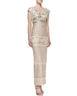 Womens V Neck Embroidered Gown, Champagne Combo   Sue Wong