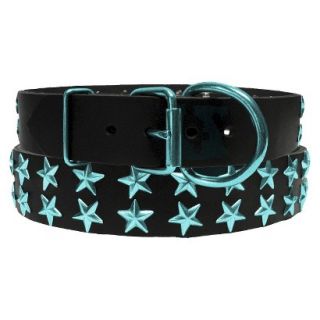 Platinum Pets Black Genuine Leather Dog Collar with Stars   Teal (20 24)