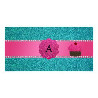 Monogram cupcake turquoise glitter customized photo card