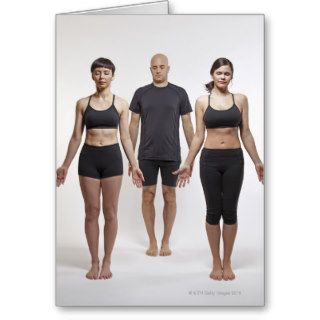 3 people doing a standing yoga pose card