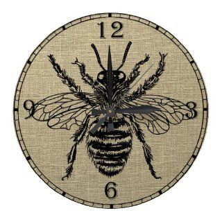 Large Bumble Bee Sand Burlap Vintage Style Round Wall Clock 11 Inch Large Numbers Made in USA  