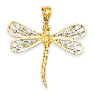 14K Two tone Diamond cut Filigree Dragonfly Pendant: Jewelry