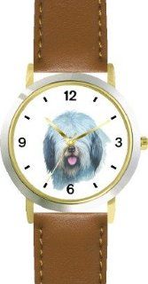 Old English Sheepdog JP Dog   WATCHBUDDY DELUXE TWO TONE THEME WATCH   Arabic Numbers   Brown Leather Strap Children's Size Small ( Boy's Size & Girl's Size ): WatchBuddy: Watches