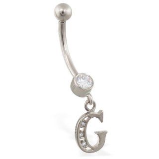 14K Solid White Gold Belly Ring With Dangling Block Initial G: Body Piercing Rings: Jewelry