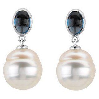 14K White South Sea Cultured Pearl Genuine London Blue Topaz Earrings Pair 07.00X05.00 Mm/11.00 Mm F 65504: Dangle Earrings: Jewelry
