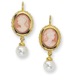 Sterling Silver Gold plated Glass Pearl/Cameo/CZ Leverback Earrings: Dangle Earrings: Jewelry
