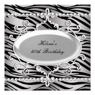 40th Birthday Party Zebra Black & Silver Pearl Personalized Invite