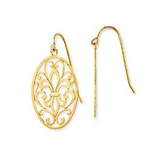 14k Gold Ornament Oval Leaf Shaped Dangle Drop Earrings, 32mm or 1.25" Long Drop, Medium (M) Size  $109 SALE   NO Sales TAX exc. MA Jewelry