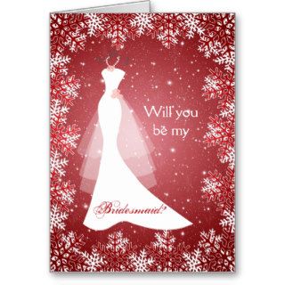 Wedding dress, snowflakes on red Bridesmaid Cards