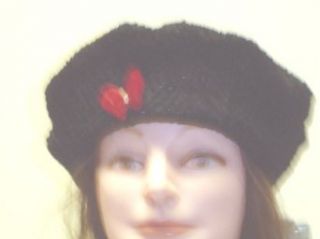 B122br, Hand Crocheted Black Chenille Gimp Tweed Beret with One Red Rhinestone Butterfly at  Womens Clothing store