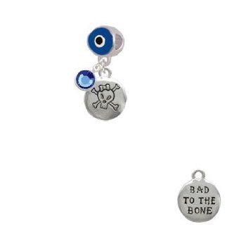 2 D Small Skull with Bow & ''Bad to the Bone'' Circle Blue Evil Eye Charm Bead Dangle with Crystal Drop: Delight & Co.: Jewelry