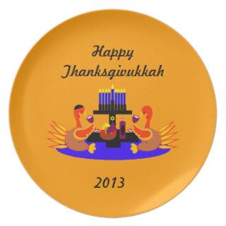 Funny Thanksgivukkah  Plate Wine Drinking Turkeys