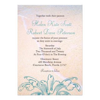 Teal Vintage Shell Scroll Beach Wedding Invitation