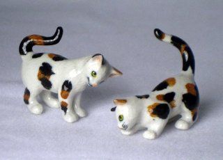 CAT CALICO Pair Playing 1 Stalking 1 Crouching New MINIATURE Figurine Porcelain KLIMA L172B   Collectible Figurines