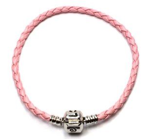8.0 Inch European Italian Love Charm Starter Bracelet, Braided Woven Leather, Snap Box Barrel Pink 196 Jewelry
