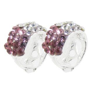 Glittery Manmade Rhinestone Ear Hoop Earrings Silver Tone Pink 0.5" Jewelry