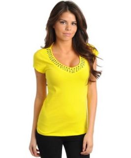 247 Frenzy Cap Sleeve Embellished Neckline Top   Yellow (Small) at  Womens Clothing store: Fashion T Shirts