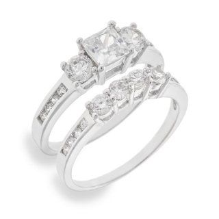 Sterling Silver Engagement Ring & Wedding Band Set Cz Rhodium Plated: Jewelry