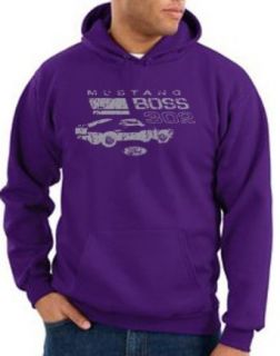 Ford Distressed Mustang Hoodie   Boss 302 Mens Hooded Sweat Shirt   Purple: Clothing