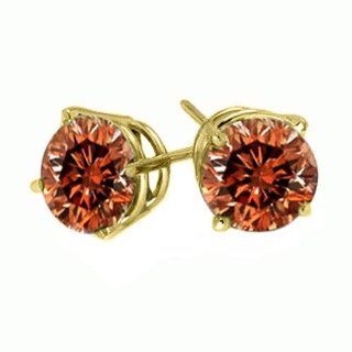 .25 Carat Brilliant Round Cognac Red Diamond Stud Earrings I2 Jewelry
