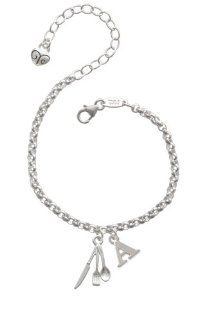Fork Knife and Spoon Initial   A   Silver Charm Bracelet: Link Charm Bracelets: Jewelry