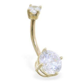 14K Solid Gold Double Jeweled Clear CZ Belly Ring: Jewelry
