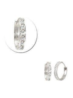 14k White Gold, Small Hoop Huggies Stud Earring with Lab Created Gems: Jewelry