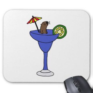 Funny Sea Otter in Blue Margarita Drink Mousepads