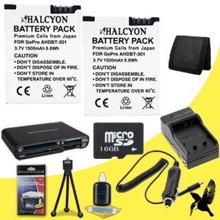 Two Halcyon 1500 mAH Lithium Ion Replacement Battery and Charger Kit + 16GB microSD Memory Card + Deluxe Starter Kit + Memory Card Wallet + Multi Card USB Reader for GoPro HD HERO3+, HERO3 Black, Silver, and White Edition and GoPro AHDBT 301 : Digital Slr 