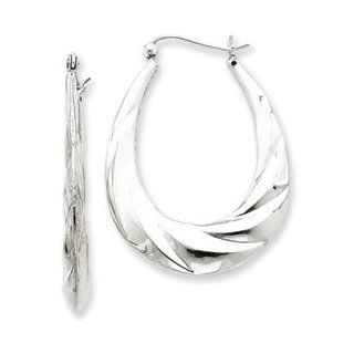 Sterling Silver Rhodium plated Twisted Scalloped Hoop Earrings: Jewelry