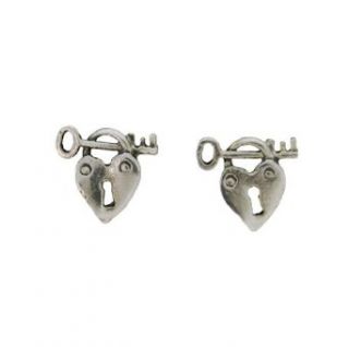 Sterling Silver Heart Lock and Key Post Earrings: Clothing
