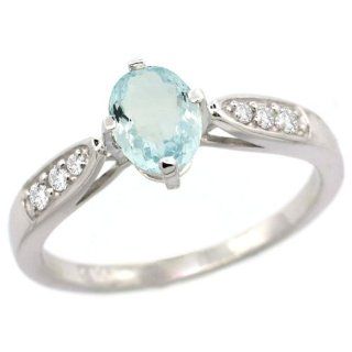 14k White Gold Natural Aquamarine Ring Oval 7x5mm Diamond Accent, 5/16 inch wide, sizes 5   10: Jewelry