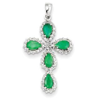 14k White Gold Diamond & Emerald Cross Pendant: Jewelry