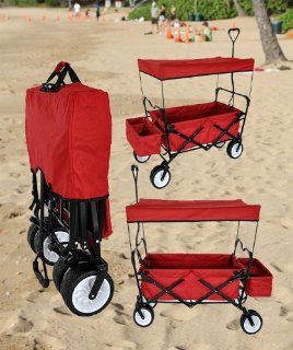 RED OUTDOOR FOLDING WAGON W/ CANOPY GARDEN UTILITY TRAVEL CART LARGE ALL TERRAIN BEACH TIRES: Toys & Games